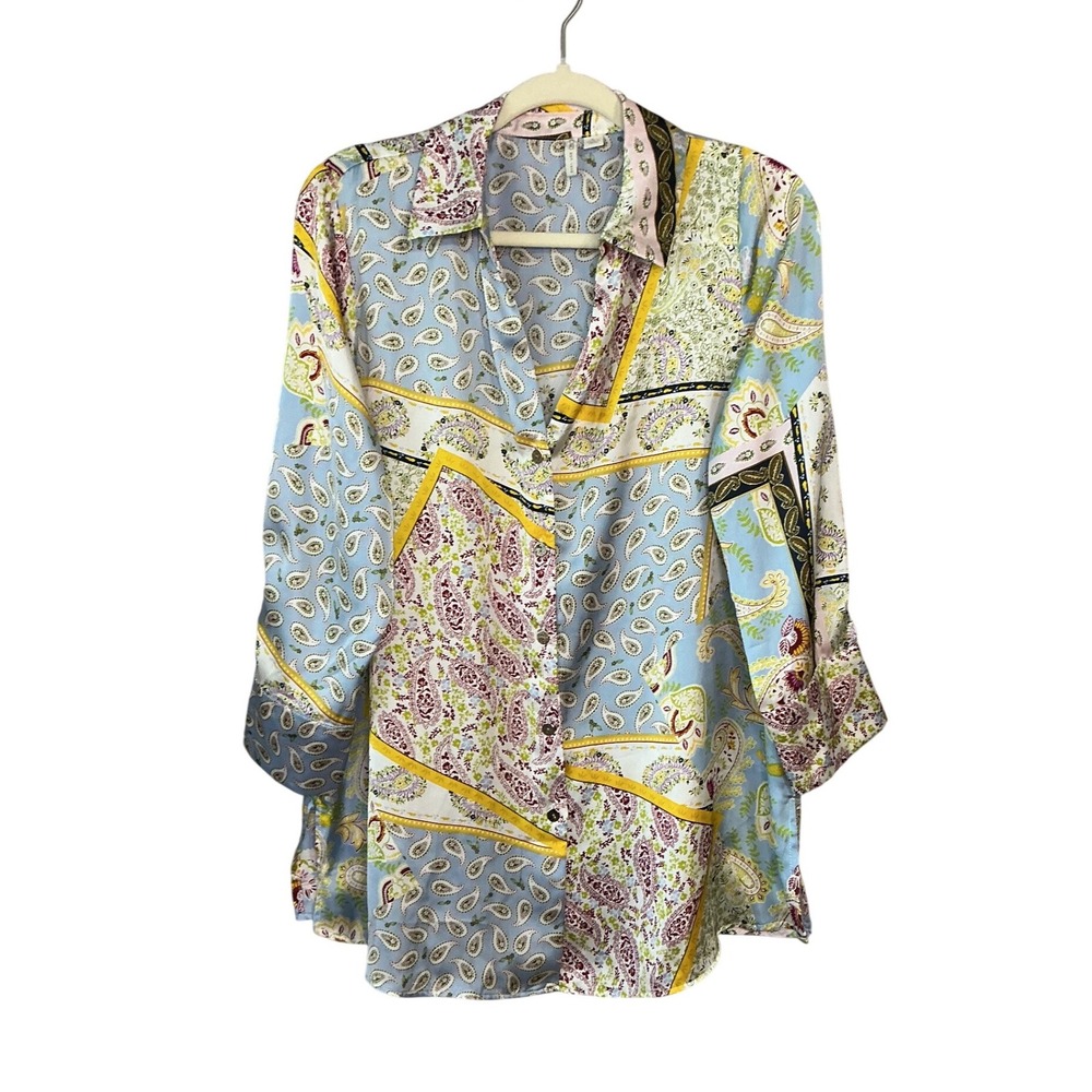 Cato Womens Blue Yellow‎ Paisley Patchwork Button Up Blouse Size L Long Sleeve